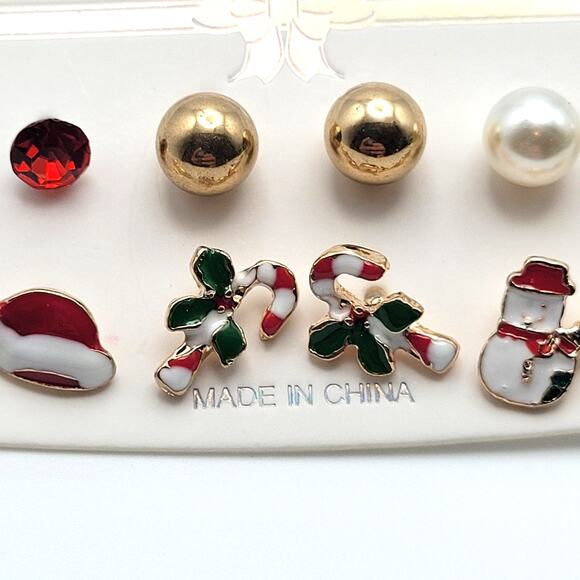 Holiday Christmas Fashion Earrings 6 Pair Studs Snowman Candy Cane Gold Tone - Picture 3 of 5